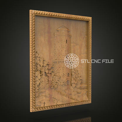Engraved Castle Scenery Wall Art - Majestic CNC Wood Carving, Architectural STL Model