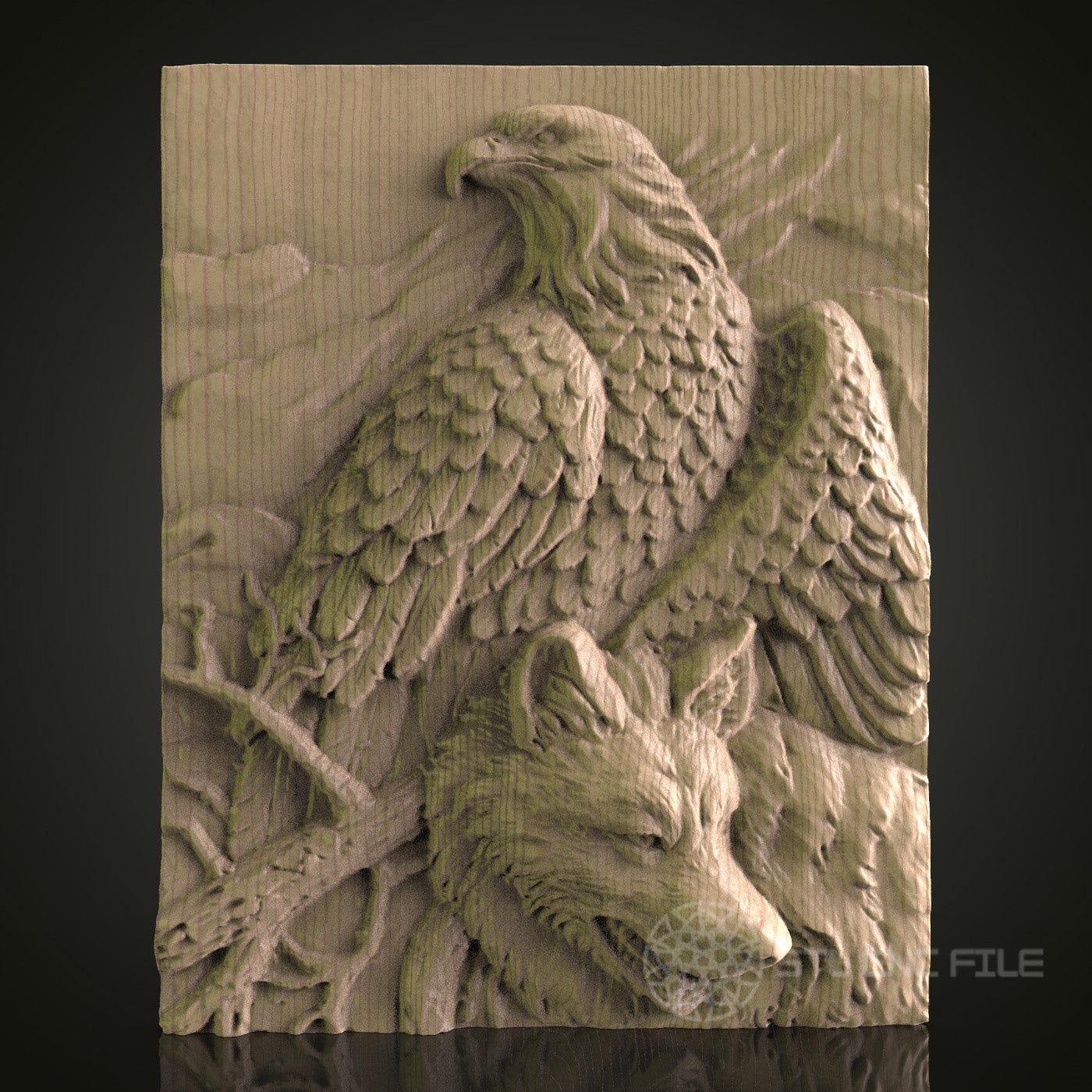 Eagle and Wolf Relief Art STL Model for CNC Router Engraver - Wood Art Wall Decor - 3D Printer File for Artcam and Aspire