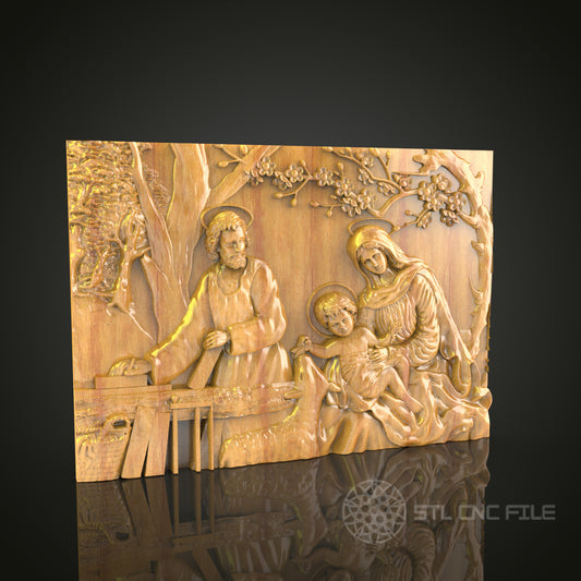Holy Family 3D Relief Model for CNC – Religious Wood Carving, Nativity Scene File
