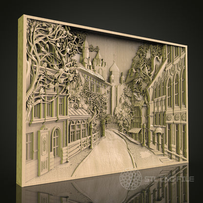 Detailed CNC Engraved Urban Street Scene Wood Panel - STL Model for 3D Printer & CNC Router