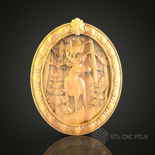 Stag in the Forest 3D Relief STL File for CNC, Rustic Deer Wood Wall Art