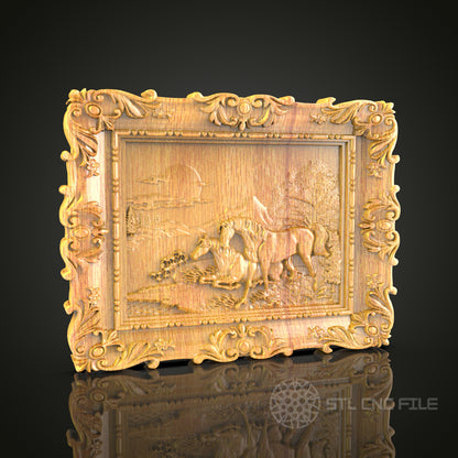 Pastoral Horse Scene 3D Relief Model for CNC – Countryside Art, Ornate Wood Carving File
