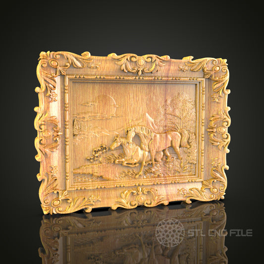 Pastoral Horse Scene 3D Relief Model for CNC – Countryside Art, Ornate Wood Carving File