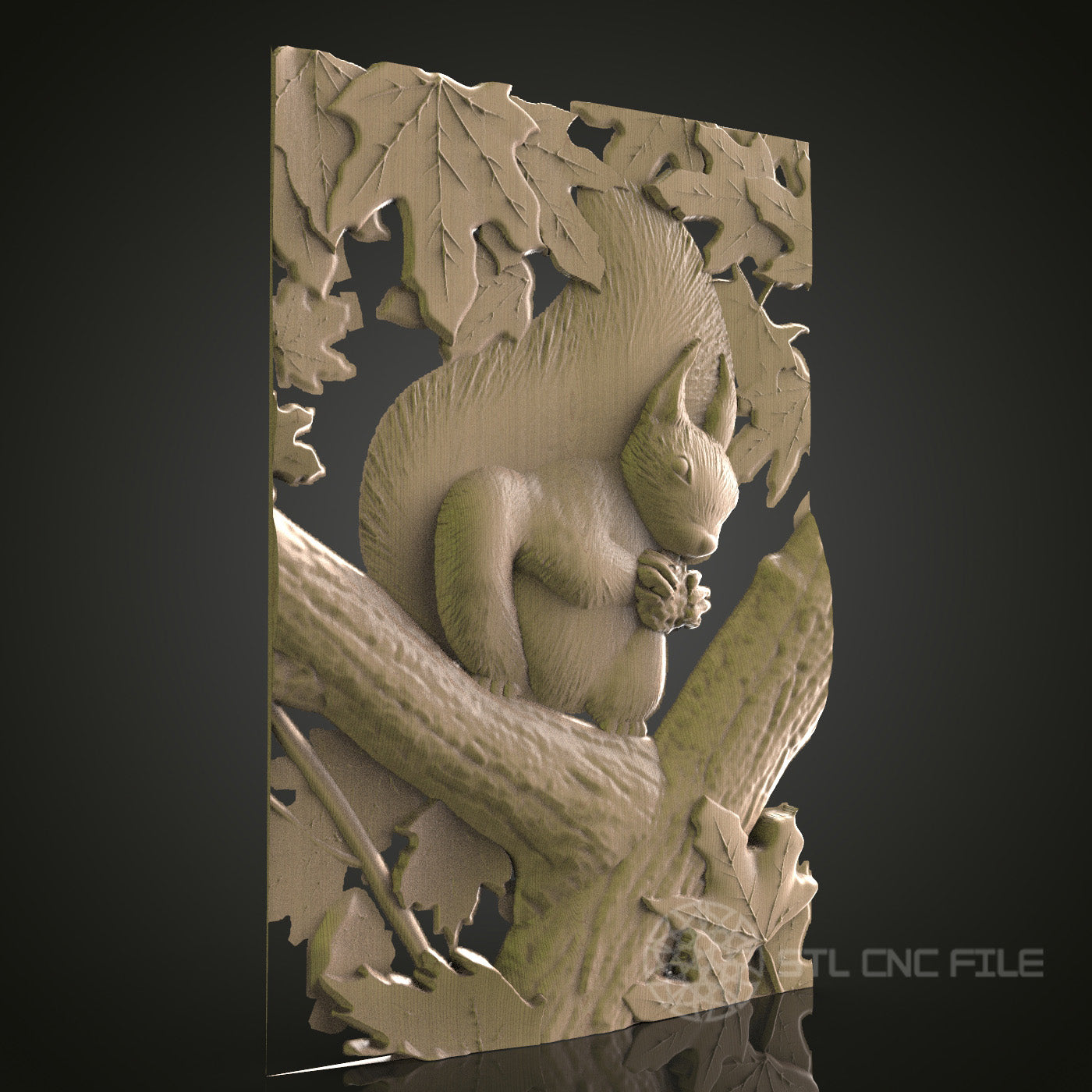 Squirrel on Tree Branch Relief Art STL Model for CNC Router Engraver - Wood Art Wall Decor - 3D Printer File for Artcam and Aspire