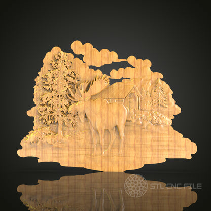 Rustic Forest and Moose 3D STL Model for CNC Carving - Woodland Scene, Wall Decor, CNC Files, Nature Art, Cabin Decor