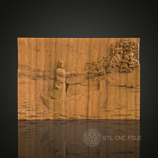 Man in Boat Relief - STL Model for CNC Router Engraver - Artcam, Aspire Compatible - Wood Art, Wall Decor, 3D Printer Ready