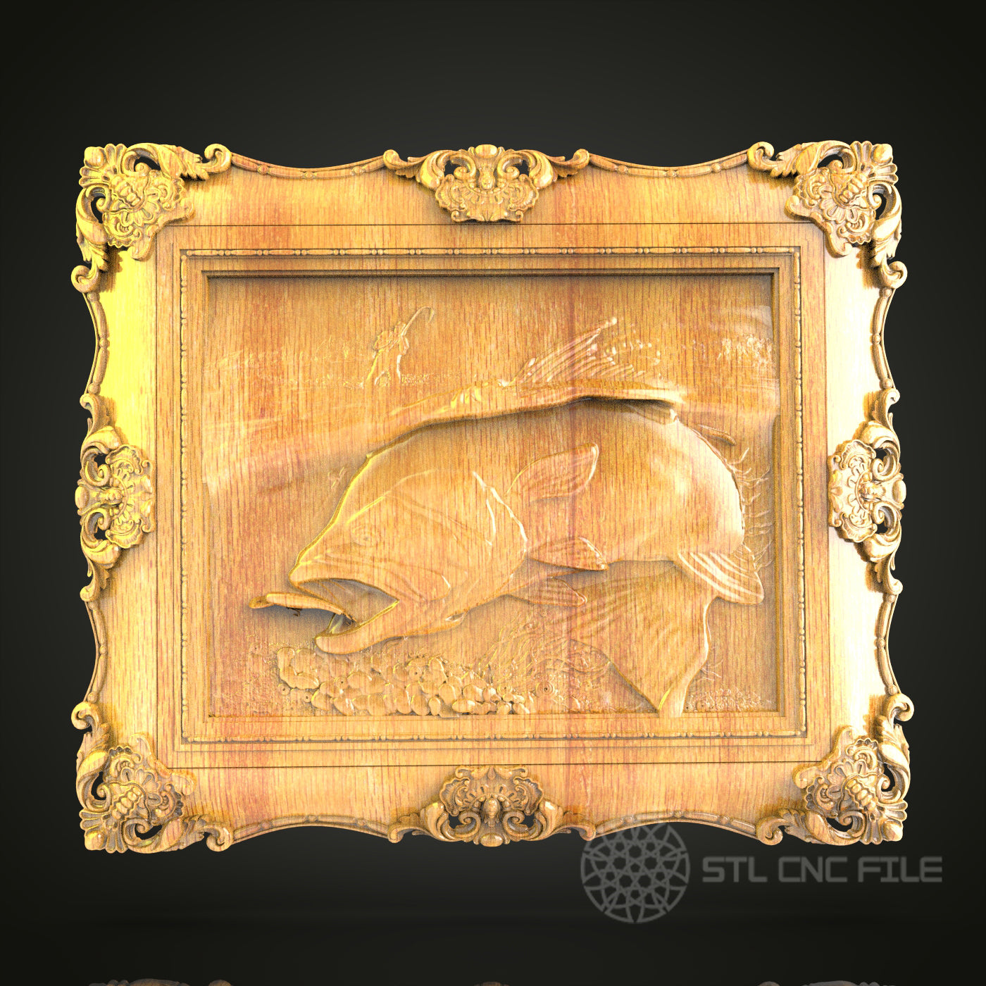 Classic Baroque Fish Relief 3D Model for CNC – Ornate Fishing Scene, Wood Carving File
