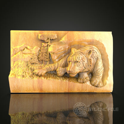 Resting Tiger & Serene Landscape CNC Carved Wall Art - Unique Wood Relief Panel, Digital STL File