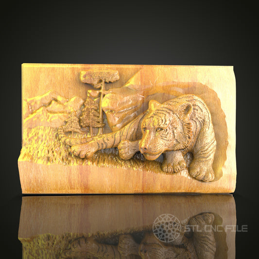 Resting Tiger & Serene Landscape CNC Carved Wall Art - Unique Wood Relief Panel, Digital STL File