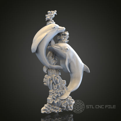 Joyful Dolphins Sculpture STL Model for CNC Router Engraver, Artcam, Aspire, Wood Art Wall Decor