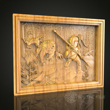 Hunter and Wild Boars 3D Relief STL File for CNC Routers, Forest Hunt Scene Wall Art