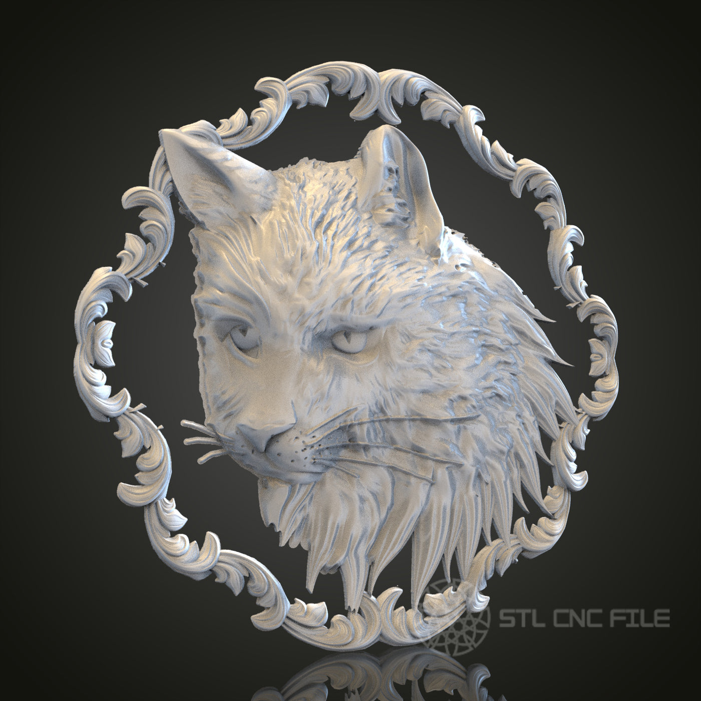 Cat Head in Ornate Frame STL Model for CNC Router Engraver, Artcam, Aspire, Wood, Wall Decor