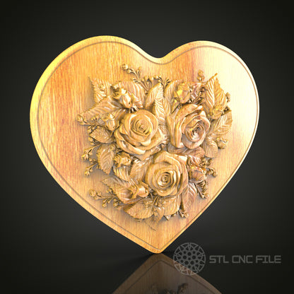 Romantic Roses Heart 3D Relief Model for CNC – Floral Love Theme, Wood Carving File