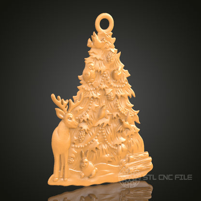 Christmas Tree Ornament with Deer and Forest Animals - STL Model for CNC and 3D Printing