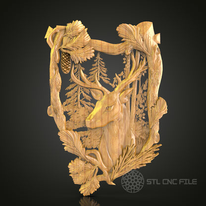 Deer in Woodland Scene 3D STL Model for CNC Router - Rustic Wildlife Carving Digital File, Forest Wall Art