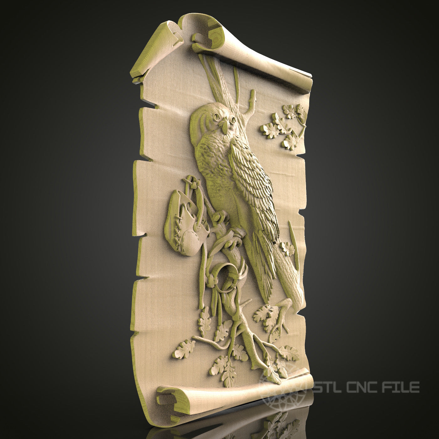 Parrot on Scroll 3D CNC Router Engraver File, STL Model for Artcam Aspire, Wood Wall Decor