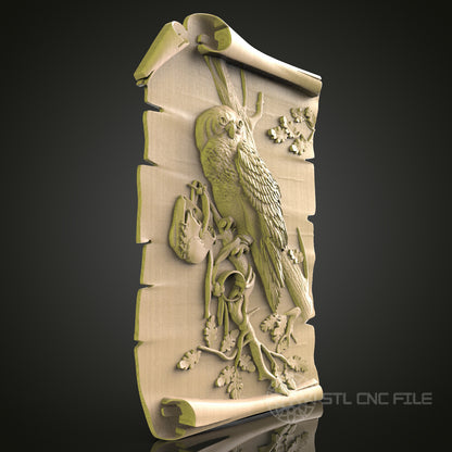 Parrot on Scroll 3D CNC Router Engraver File, STL Model for Artcam Aspire, Wood Wall Decor