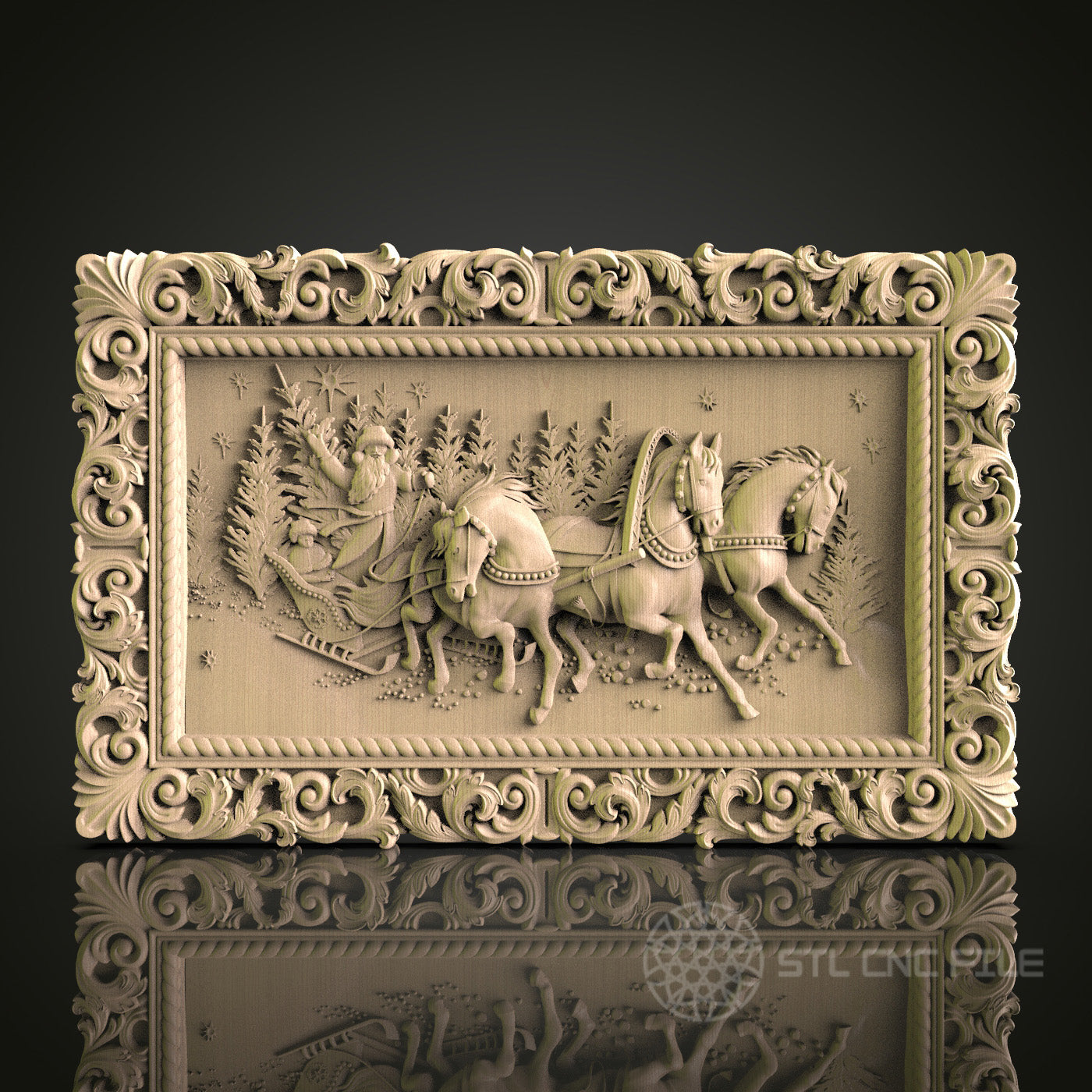 Ornate CNC Engraved Christmas Sleigh Wood Panel - STL Model for 3D Printer & CNC Router