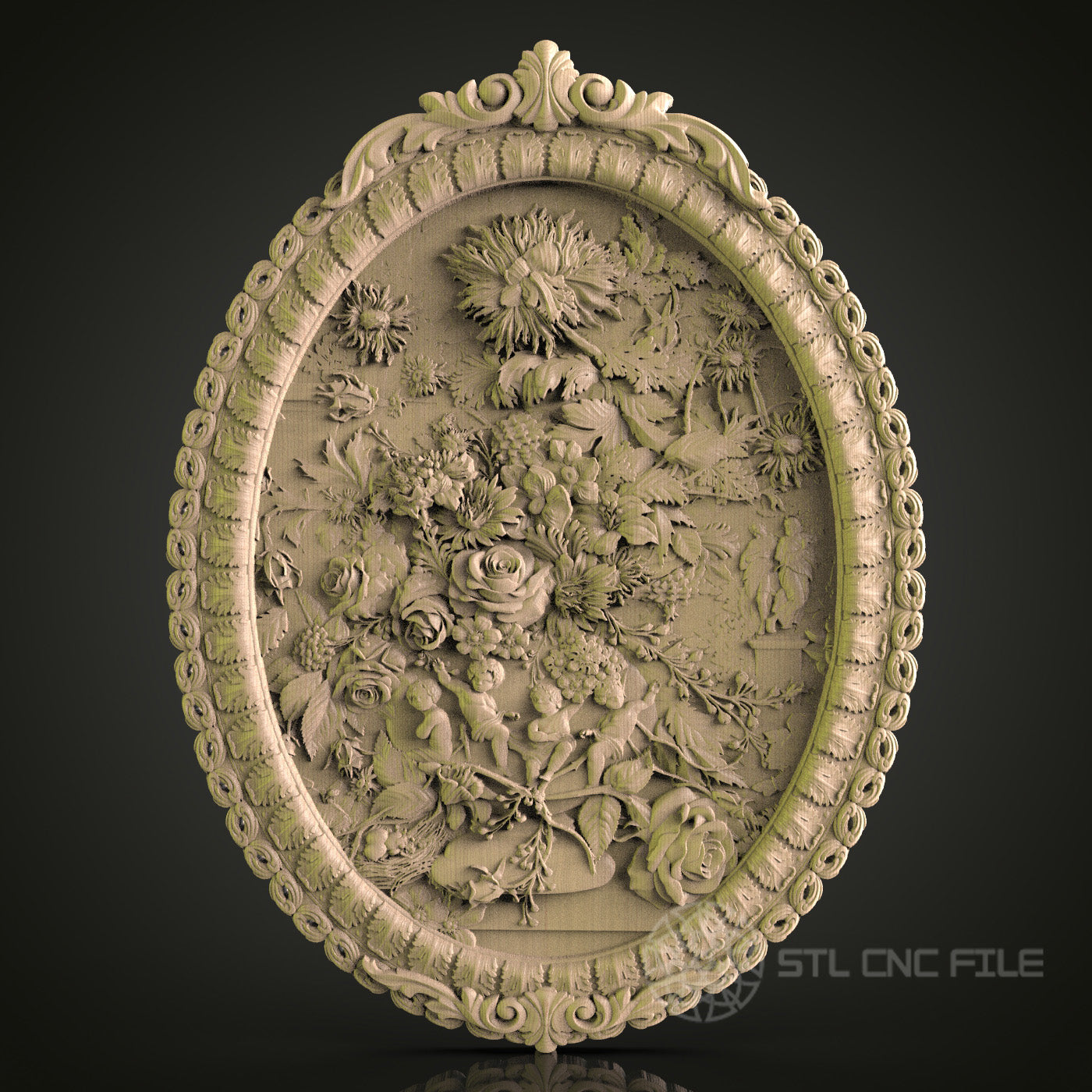Elegant Floral Oval Frame STL Model for CNC Router, Aspire, Artcam, 3D Printer, Wall Decor, Wood Art