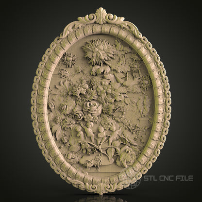 Elegant Floral Oval Frame STL Model for CNC Router, Aspire, Artcam, 3D Printer, Wall Decor, Wood Art