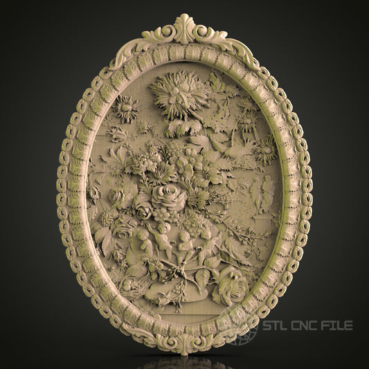 Elegant Floral Oval Frame STL Model for CNC Router, Aspire, Artcam, 3D Printer, Wall Decor, Wood Art