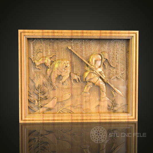 Hunter and Wild Boars 3D Relief STL File for CNC Routers, Forest Hunt Scene Wall Art