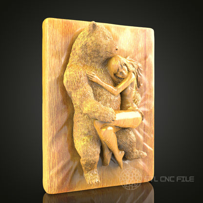 Protective Embrace - Bear and Girl Wall Art - 3D STL File for CNC Wood Carving