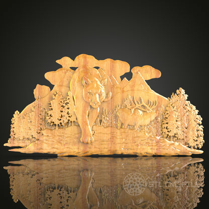 Mountain Lion Forest Scene 3D STL Model for CNC Router - Majestic Wood Wall Art, CNC Files for Artcam, Aspire