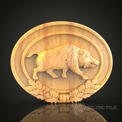 Wild Boar in Autumn Leaves 3D Relief STL File for CNC, Forest Animal Wood Wall Art