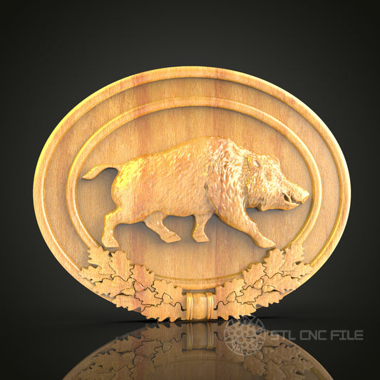 Wild Boar in Autumn Leaves 3D Relief STL File for CNC, Forest Animal Wood Wall Art
