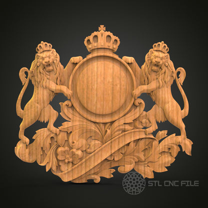 Regal Lion Crest STL File for CNC Wood Carving - Royal Heraldic Wall Art 3D Design