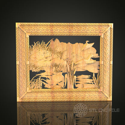 Marshland Wildlife 3D Relief STL File for CNC, Rustic Wood Wall Art with Fish and Birds