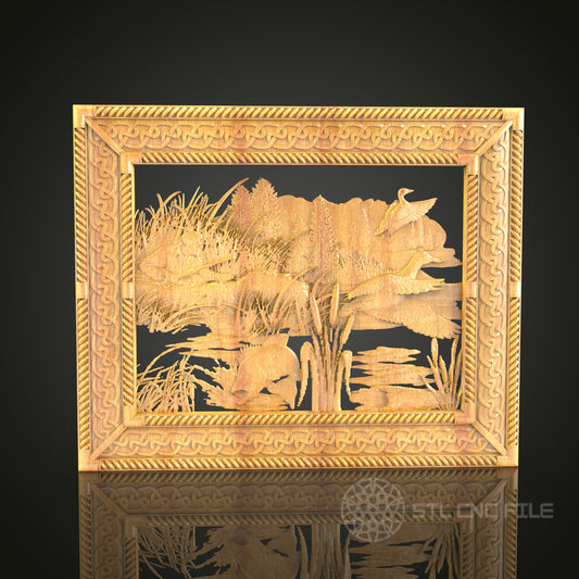 Marshland Wildlife 3D Relief STL File for CNC, Rustic Wood Wall Art with Fish and Birds