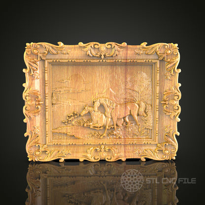 Pastoral Horse Scene 3D Relief Model for CNC – Countryside Art, Ornate Wood Carving File
