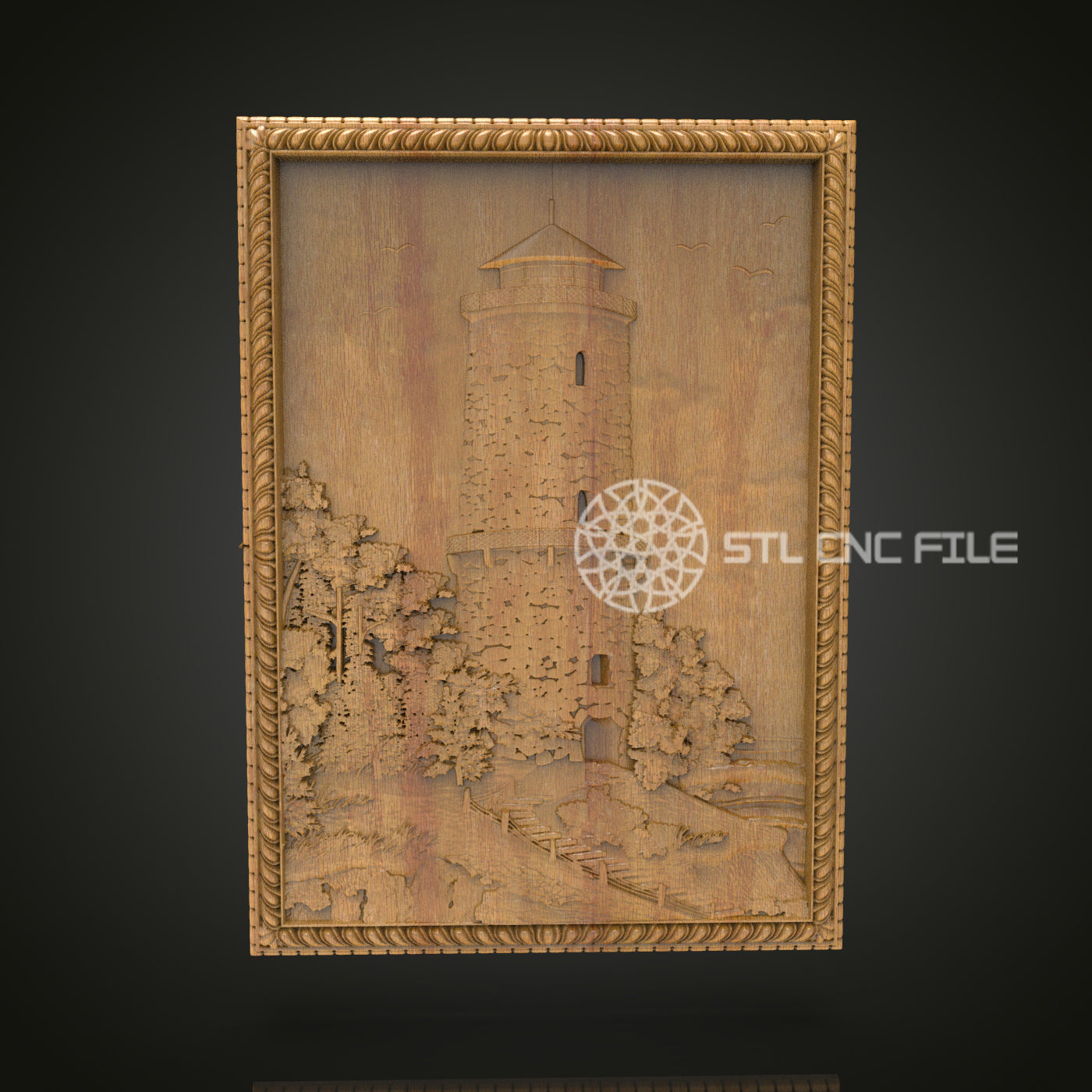 Engraved Castle Scenery Wall Art - Majestic CNC Wood Carving, Architectural STL Model