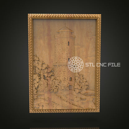 Engraved Castle Scenery Wall Art - Majestic CNC Wood Carving, Architectural STL Model