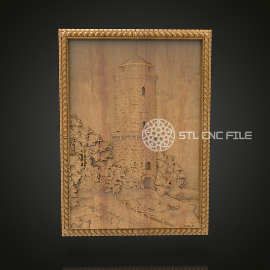 Engraved Castle Scenery Wall Art - Majestic CNC Wood Carving, Architectural STL Model