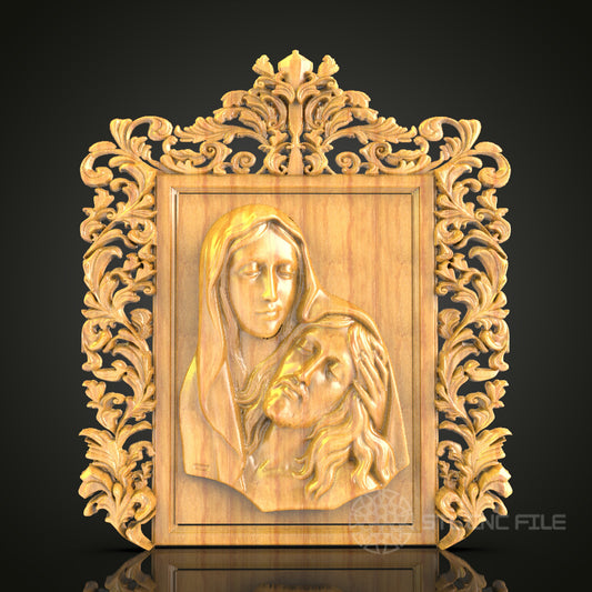 Pietà Sculpture 3D Relief Model for CNC – Religious Wood Carving, Ornate Frame Art File