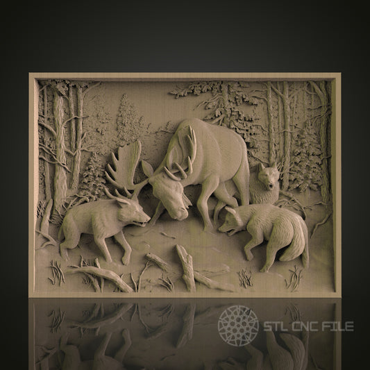 Forest Scene with Moose and Wolves Relief Art STL Model for CNC Router Engraver - Wood Art Wall Decor - 3D Printer File for Artcam and Aspire