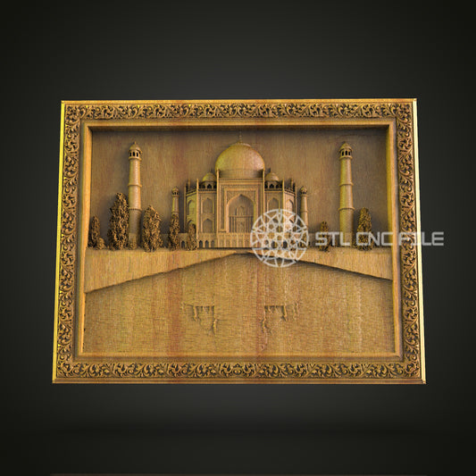 Taj Mahal Engraved Wall Art - Exquisite CNC Wood Carving, Architectural STL Model