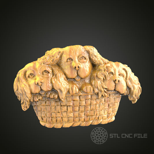 Three Cavalier King Charles Spaniels in Basket - 3D STL File for CNC Wood Carving, Pet Lovers Wall Art