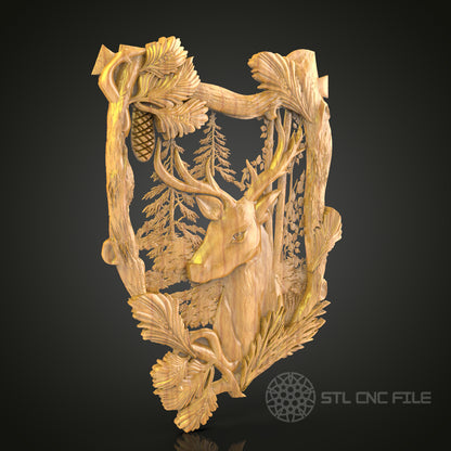 Deer in Woodland Scene 3D STL Model for CNC Router - Rustic Wildlife Carving Digital File, Forest Wall Art