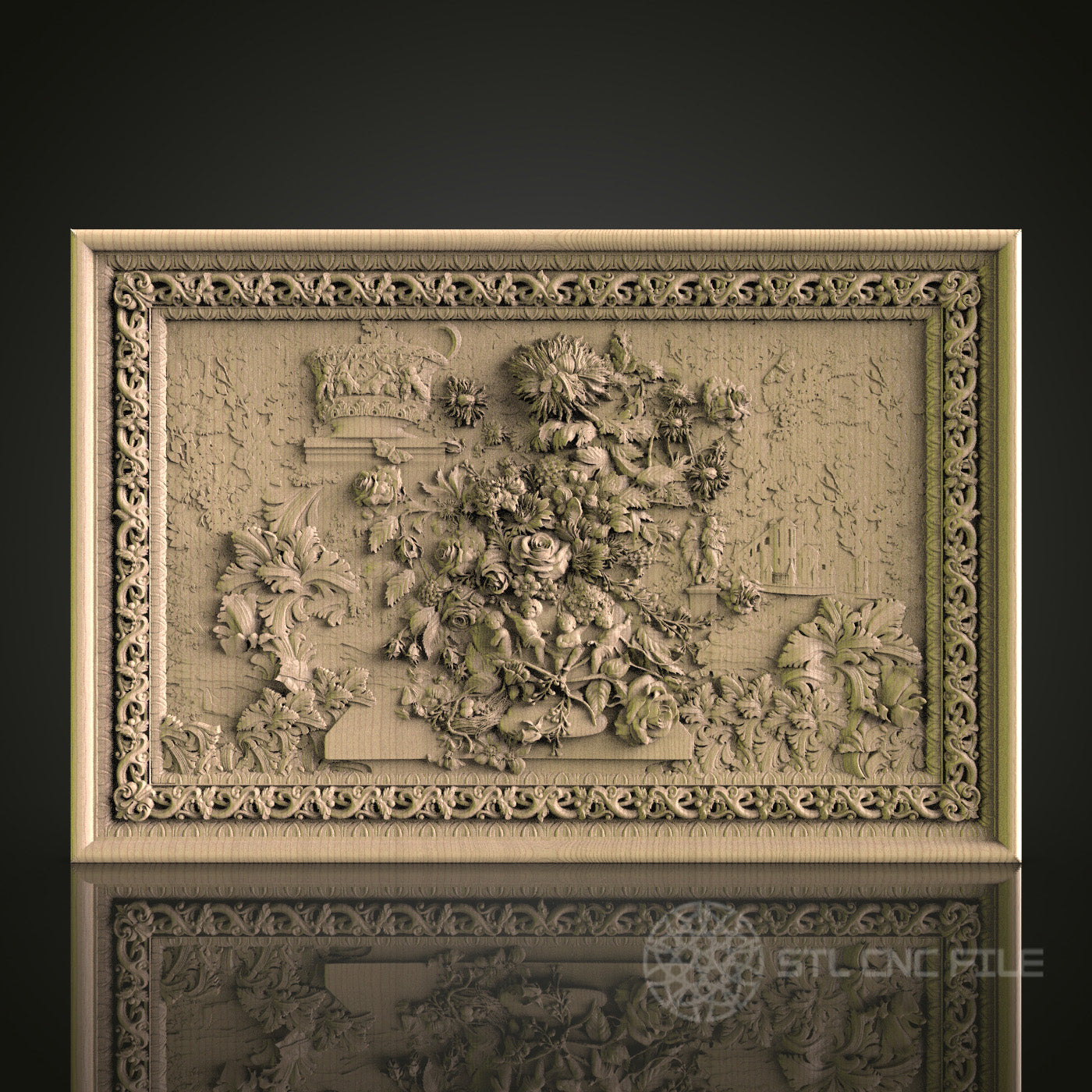 Floral Rectangular Relief STL Model for CNC Router, Aspire, Artcam, 3D Printer, Wall Decor, Wood Art