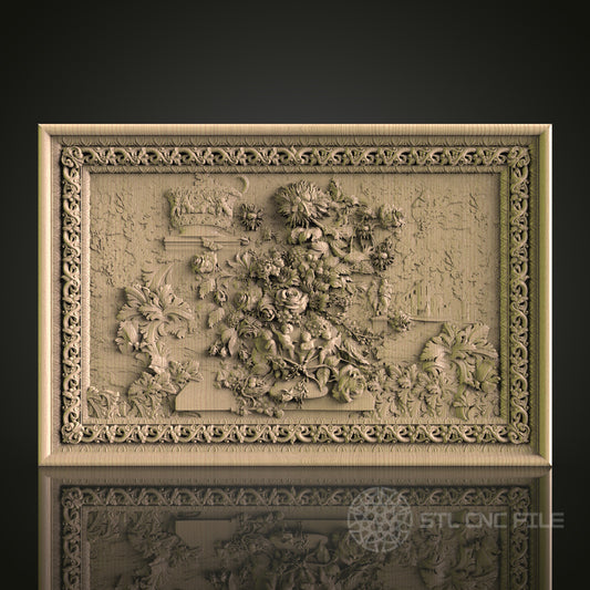 Floral Rectangular Relief STL Model for CNC Router, Aspire, Artcam, 3D Printer, Wall Decor, Wood Art