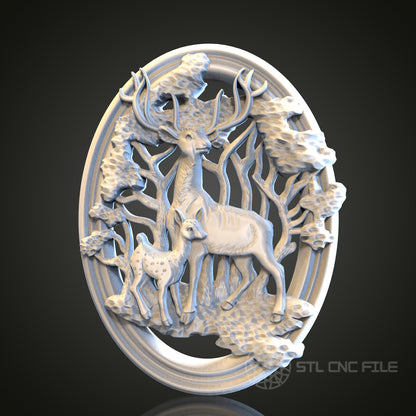 Deer and Fawn in Forest 3D STL File, CNC and 3D Printer Model, Wildlife Art, Artcam Aspire, Nature Wall Decor