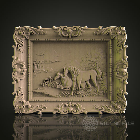 Intricate 3D Horse and Landscape Scene Frame - STL File for CNC and 3D Printing