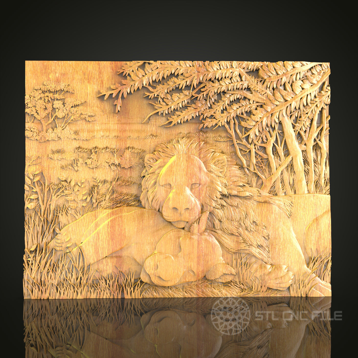 Resting Lion 3D Relief STL File for CNC, Serene Wildlife Wood Wall Art