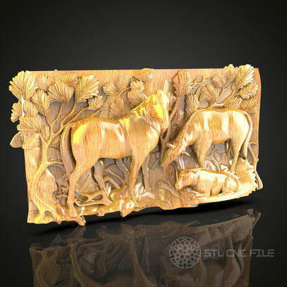 Forest Deer Family 3D Relief Model for CNC – Nature Scene, Wood Carving Digital File