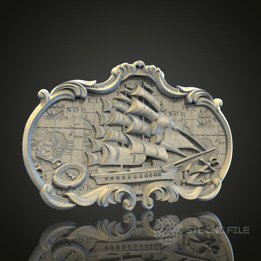 Antique Ship and Map 3D STL File, CNC and 3D Printer Model, Nautical Art, Artcam Aspire, Vintage Wall Decor