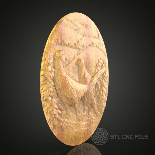 Rustic Pheasants Scene Wood Carving STL File for CNC